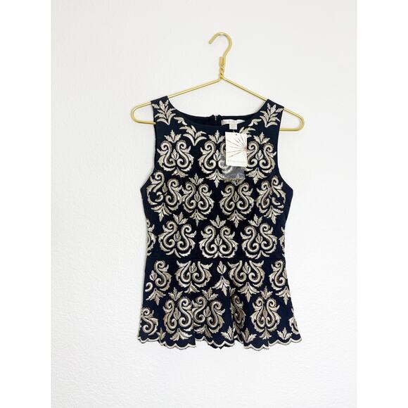 Boston Proper Gold & Black Brocade Damask Embroidery Embellish Peplum Top Size 0 - Picture 2 of 11